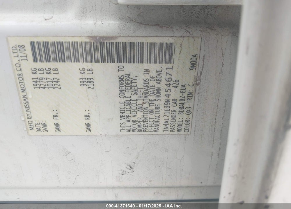 2009 NISSAN ALTIMA VIN: 1N4AL21E39N454671