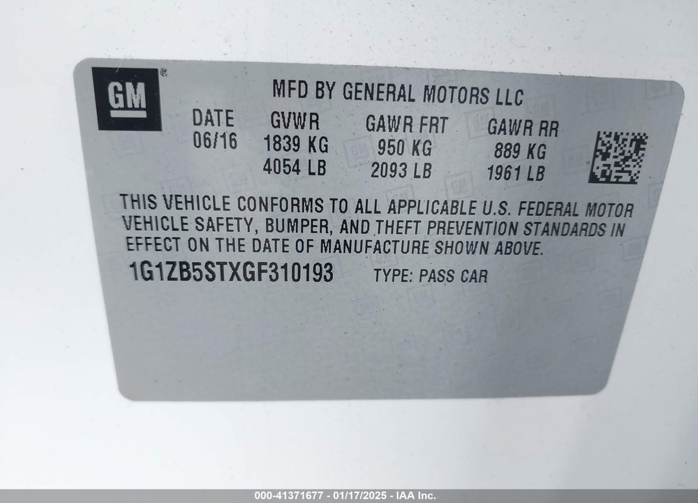 2016 CHEVROLET MALIBU VIN: 1G1ZB5STXGF310193