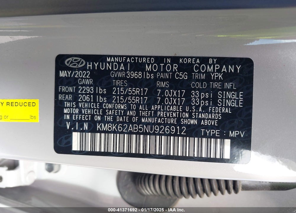 2022 HYUNDAI KONA SEL VIN: KM8K62AB5NU926912