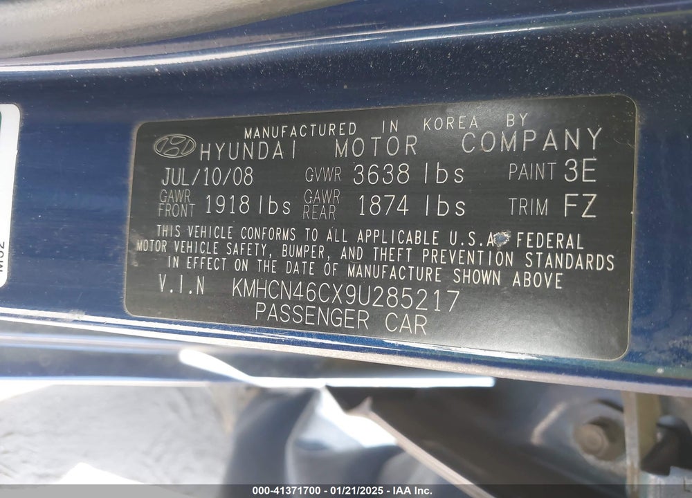 2009 HYUNDAI ACCENT GLS VIN: KMHCN46CX9U285217
