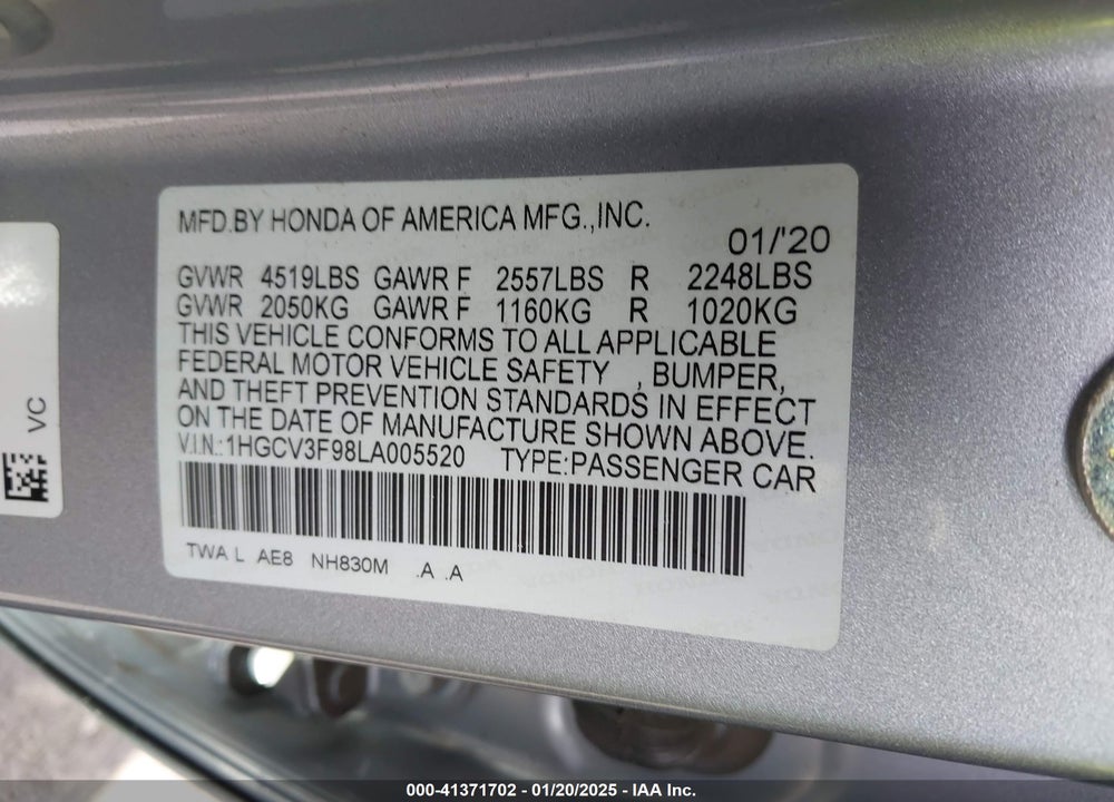 2020 HONDA ACCORD HYBRID TOURING VIN: 1HGCV3F98LA005520