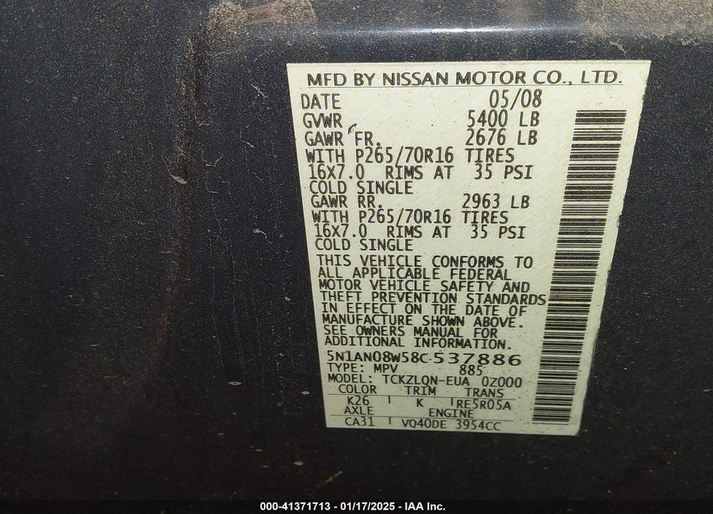 2008 NISSAN XTERRA X VIN: 5N1AN08W58C537886