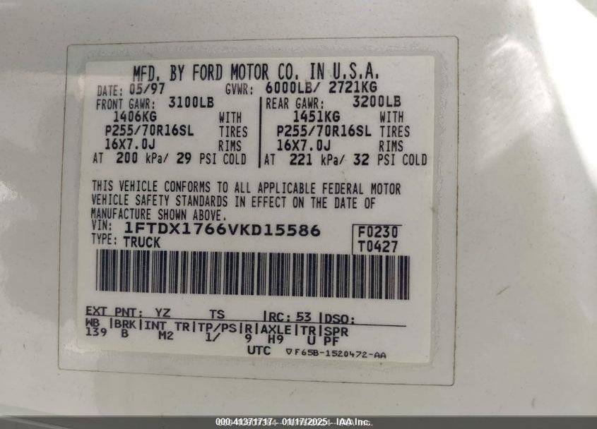 1997 FORD F-150 LARIAT/STANDARD/XL/XLT VIN: 1FTDX1766VKD15586