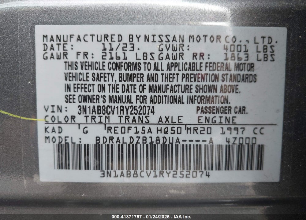 2024 NISSAN SENTRA SV XTRONIC CVT VIN: 3N1AB8CV1RY252074