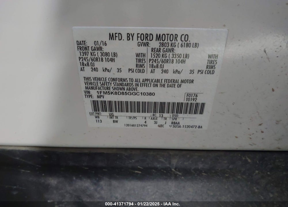 2016 FORD EXPLORER XLT VIN: 1FM5K8D85GGC10380