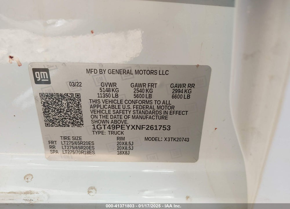 2022 GMC SIERRA 2500HD 4WD STANDARD BED AT4 VIN: 1GT49PEYXNF261753