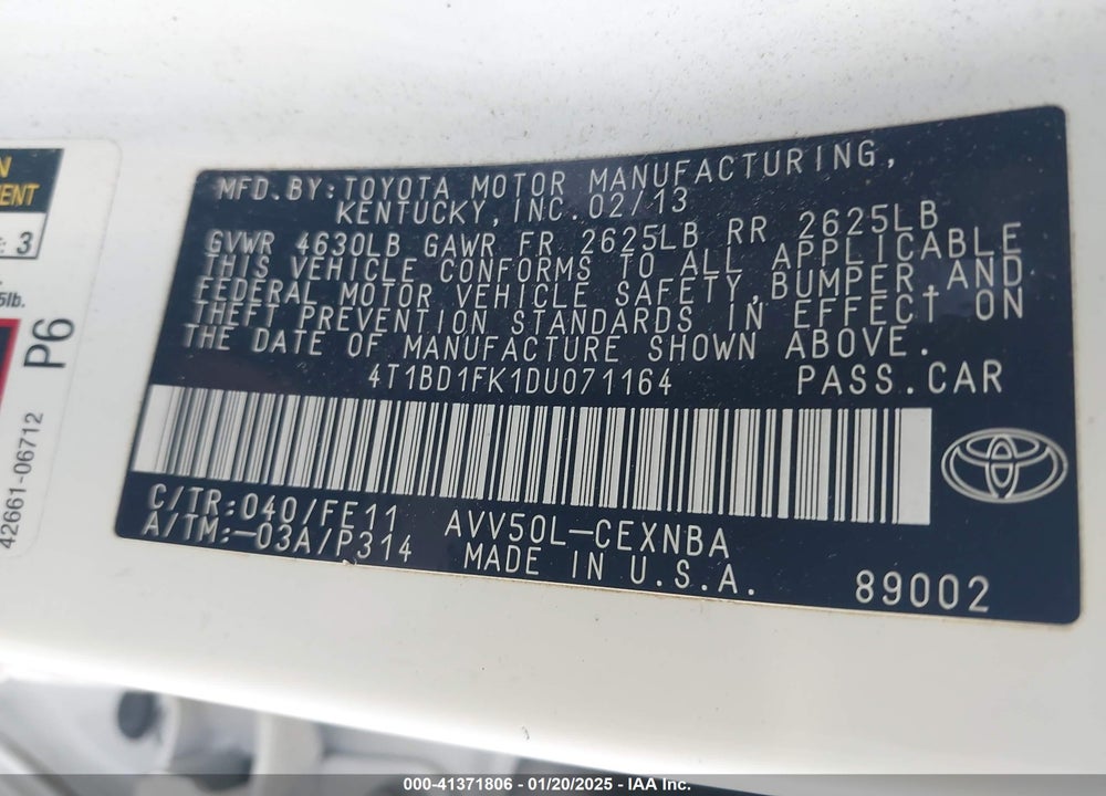2013 TOYOTA CAMRY HYBRID VIN: 4T1BD1FK1DU071164