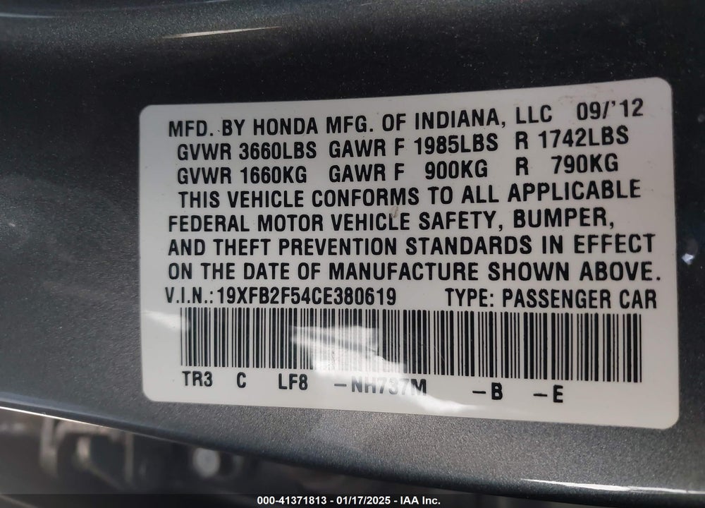 2012 HONDA CIVIC SDN LX VIN: 19XFB2F54CE380619