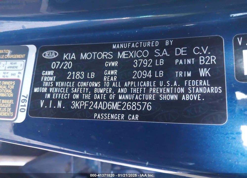 2021 KIA FORTE VIN: 3KPF24AD6ME268576