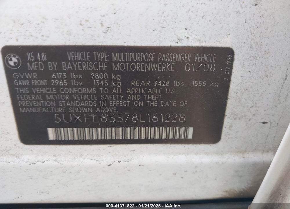 2008 BMW X5 4.8I VIN: 5UXFE83578L161228
