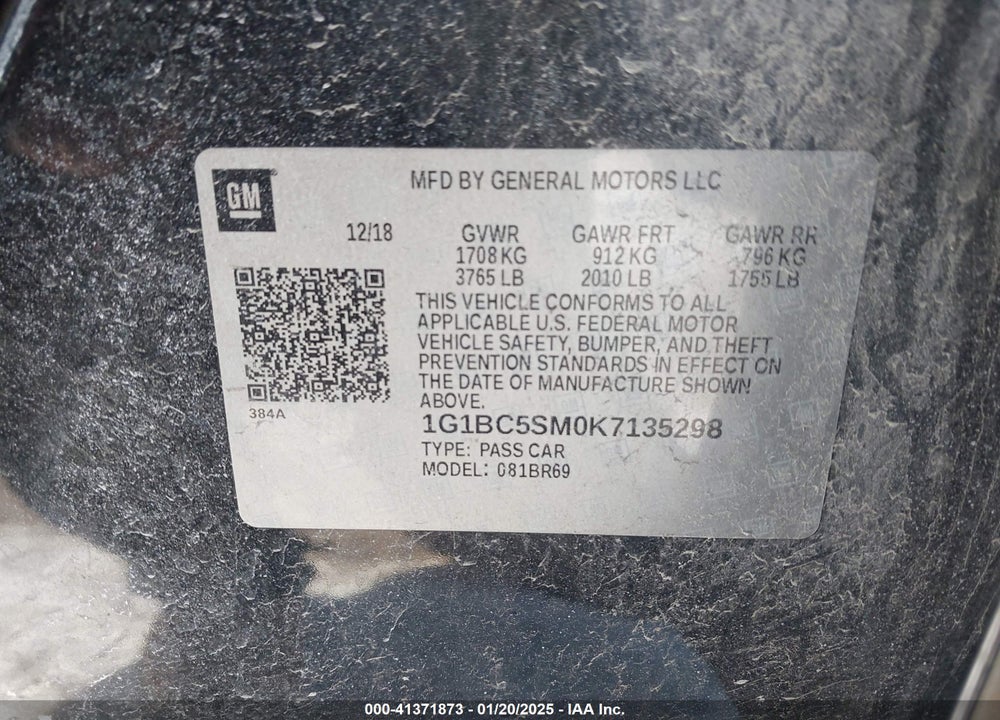 2019 CHEVROLET CRUZE VIN: 1G1BC5SM0K7135298