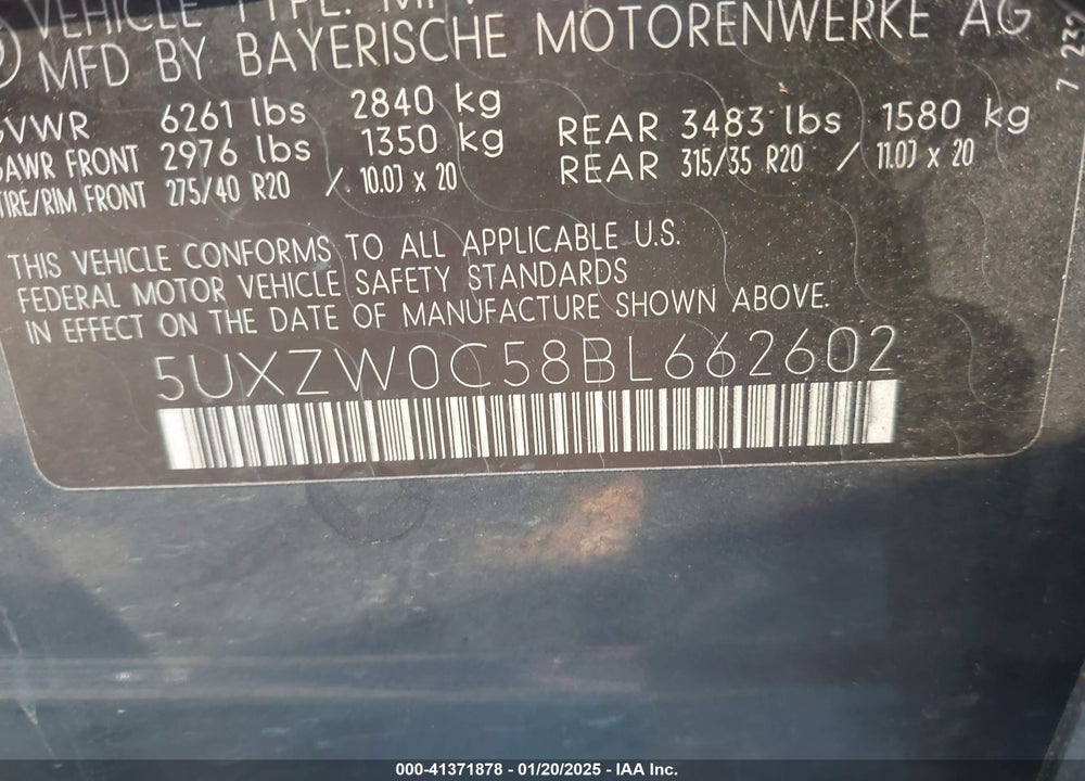 2011 BMW X5 VIN: 5UXZW0C58BL662602