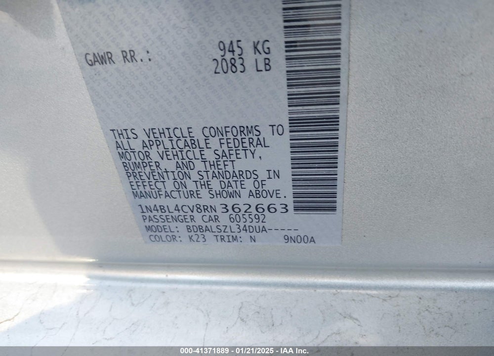 2024 NISSAN ALTIMA SR FWD VIN: 1N4BL4CV8RN362663