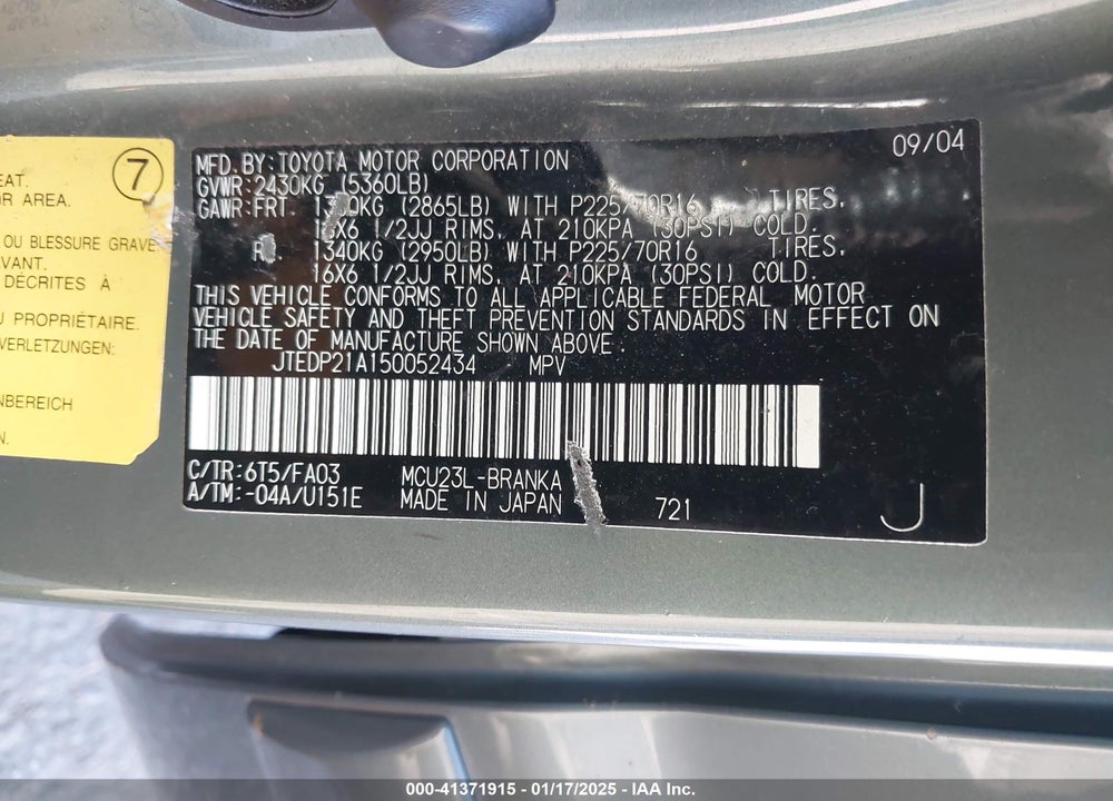 2005 TOYOTA HIGHLANDER V6 VIN: JTEDP21A150052434