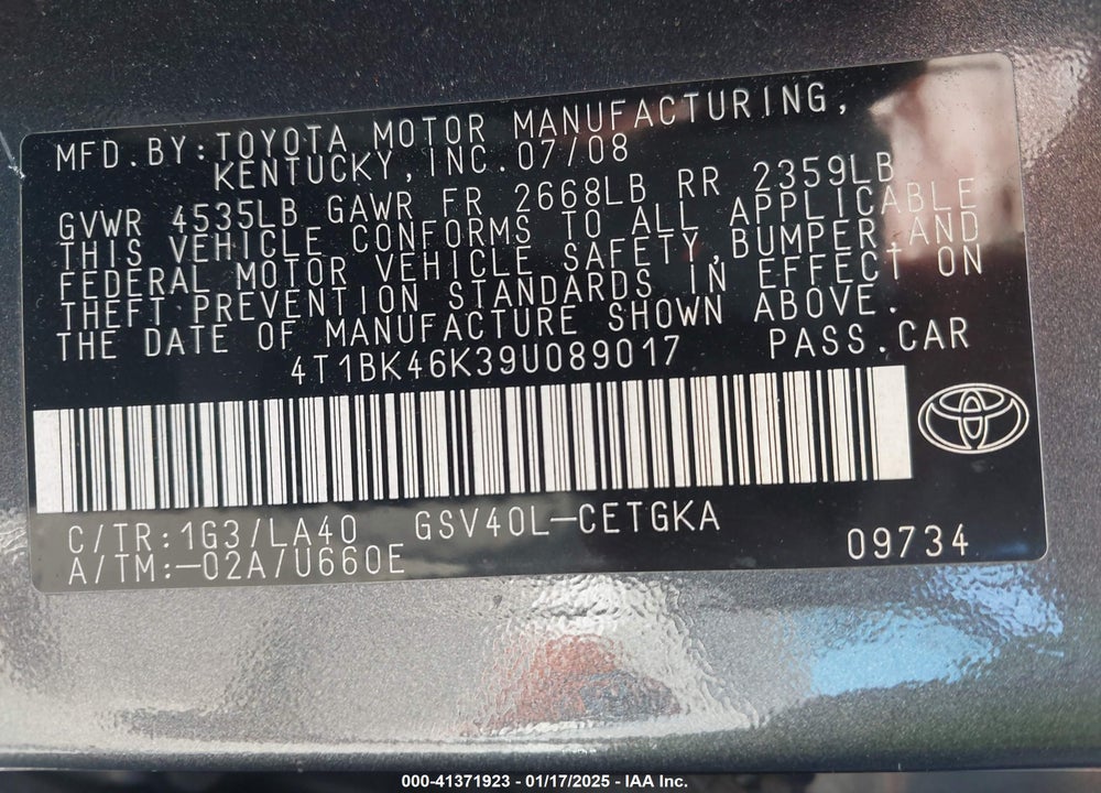 2009 TOYOTA CAMRY VIN: 4T1BK46K39U089017