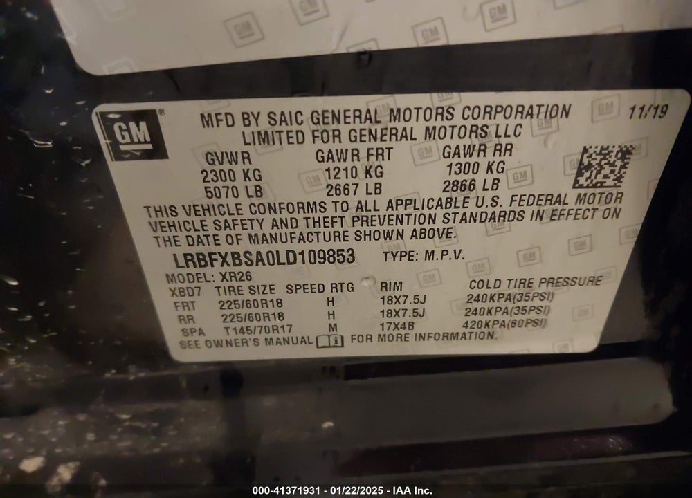 2020 BUICK ENVISION FWD PREFERRED VIN: LRBFXBSA0LD109853