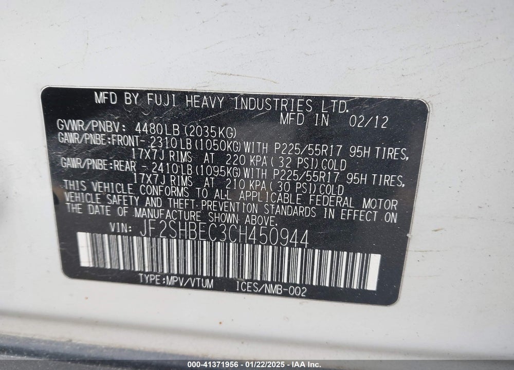 2012 SUBARU FORESTER 2.5X LIMITED VIN: JF2SHBEC3CH450944