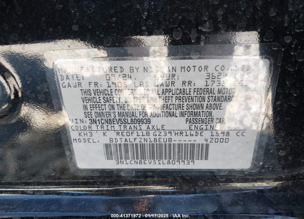 2025 NISSAN VERSA 1.6 SV VIN: 3N1CN8EV5SL809939