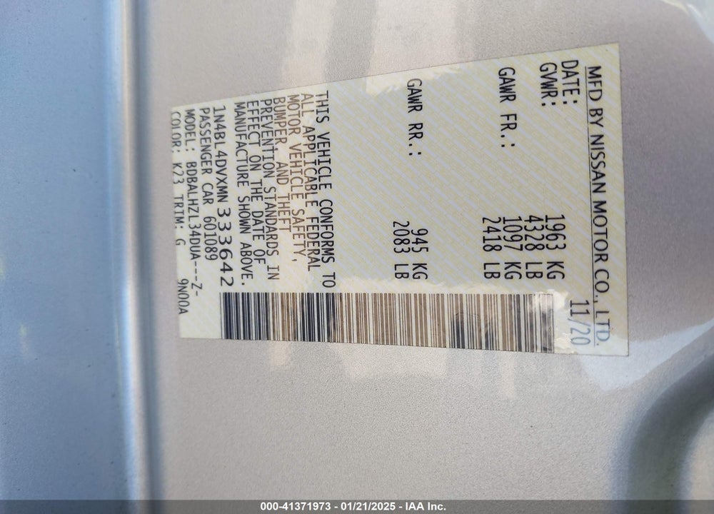 2021 NISSAN ALTIMA VIN: 1N4BL4DVXMN333642