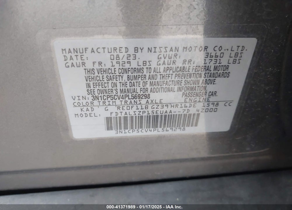 2023 NISSAN KICKS SV XTRONIC CVT VIN: 3N1CP5CV4PL569298