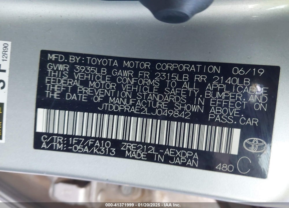 2020 TOYOTA COROLLA VIN: JTDDPRAE2LJ049842