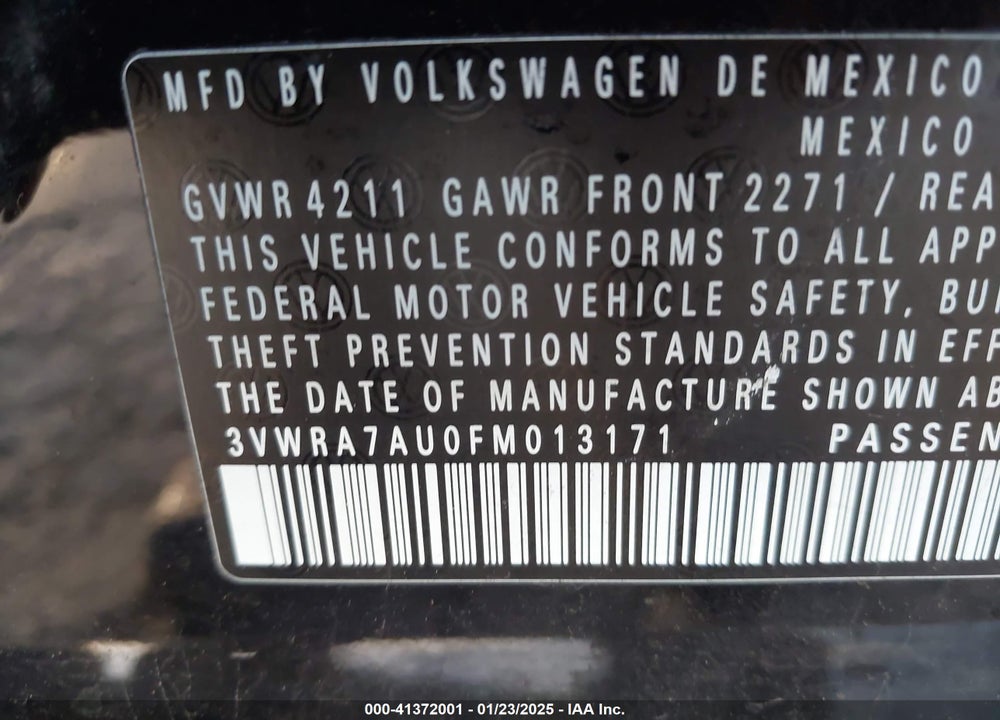 2015 VOLKSWAGEN GOLF TDI S 4-DOOR VIN: 3VWRA7AU0FM013171
