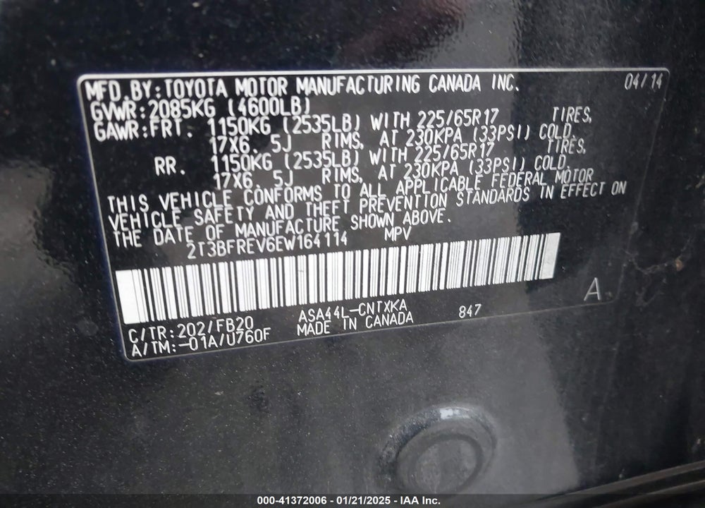 2014 TOYOTA RAV4 LE VIN: 2T3BFREV6EW164114