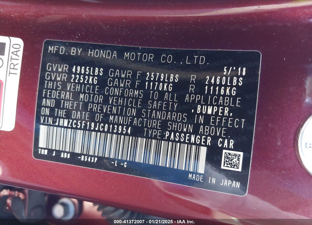 2018 HONDA CLARITY PLUG-IN HYBRID VIN: JHMZC5F19JC013954