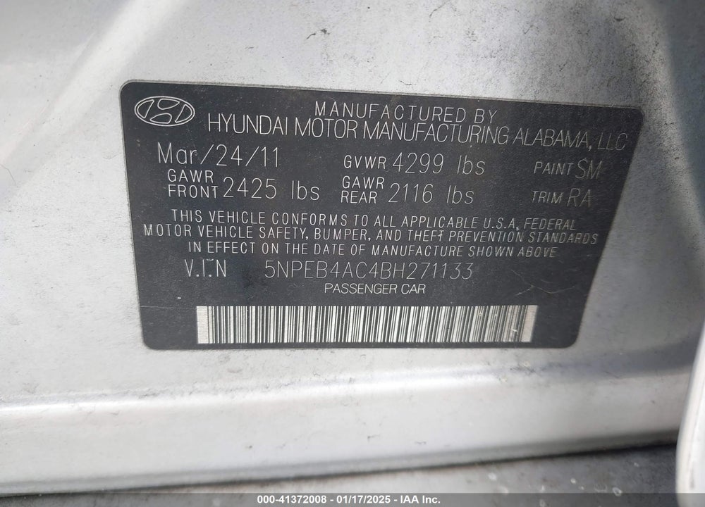 2011 HYUNDAI SONATA GLS VIN: 5NPEB4AC4BH271133
