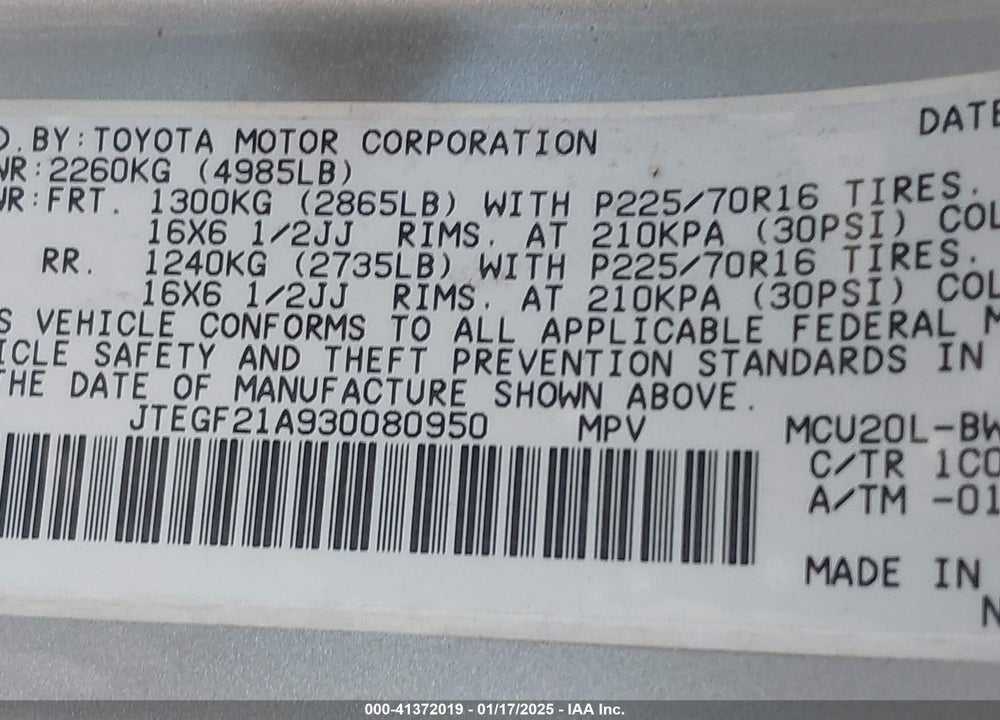 2003 TOYOTA HIGHLANDER LIMITED V6 VIN: JTEGF21A930080950