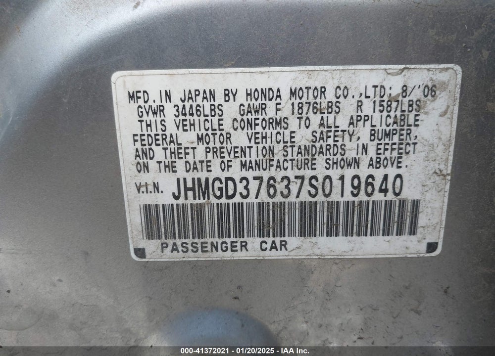 2007 HONDA FIT SPORT VIN: JHMGD37637S019640