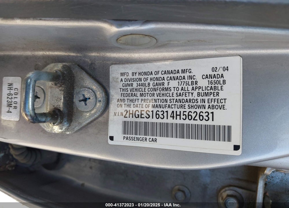 2004 HONDA CIVIC VP VIN: 2HGES16314H562631