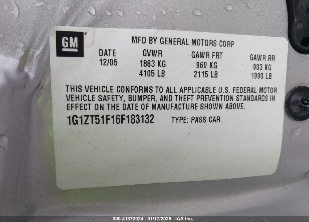 2006 CHEVROLET MALIBU LT VIN: 1G1ZT51F16F183132