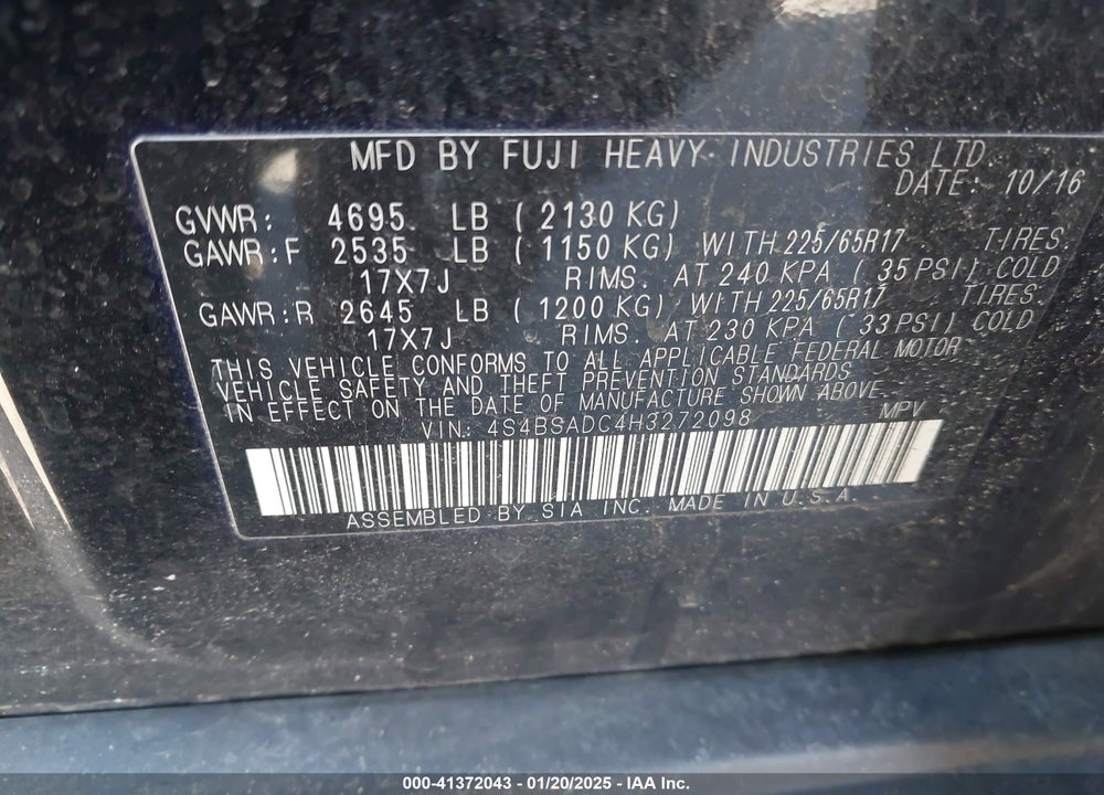 2017 SUBARU OUTBACK VIN: 4S4BSADC4H3272098