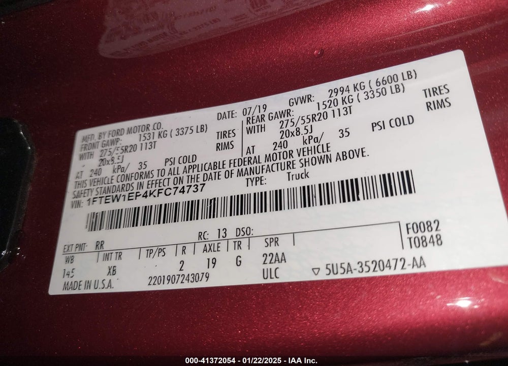 2019 FORD F-150 XLT VIN: 1FTEW1EP4KFC74737