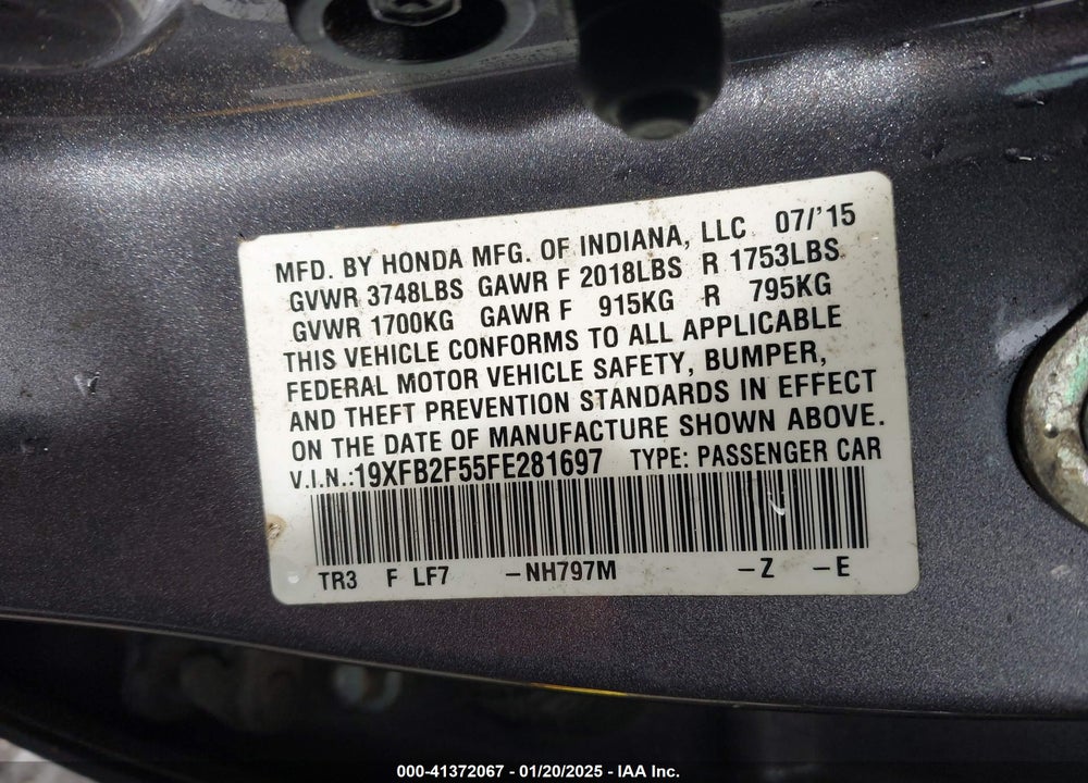 2015 HONDA CIVIC VIN: 19XFB2F55FE281697