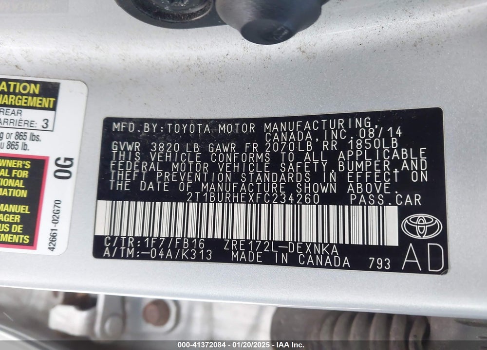 2015 TOYOTA COROLLA LE VIN: 2T1BURHEXFC234260
