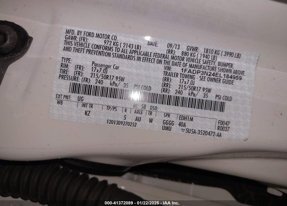 2014 FORD FOCUS VIN: 1FADP3N24EL184959