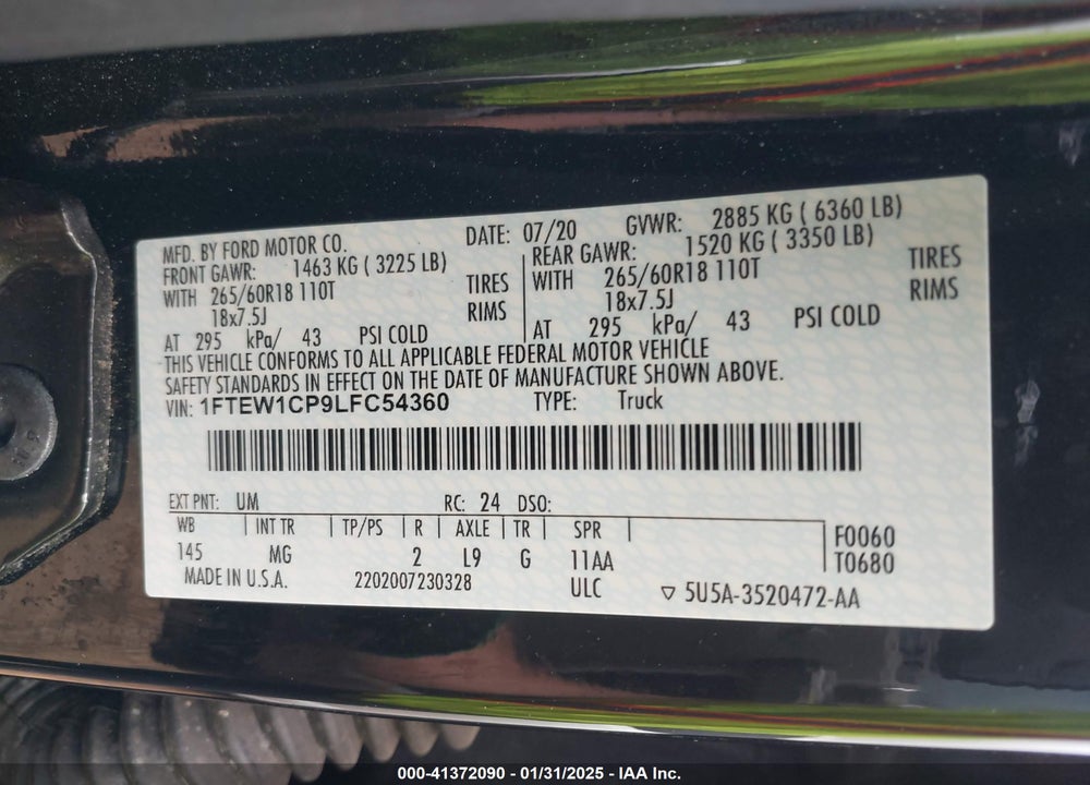 2020 FORD F150 VIN: 1FTEW1CP9LFC54360