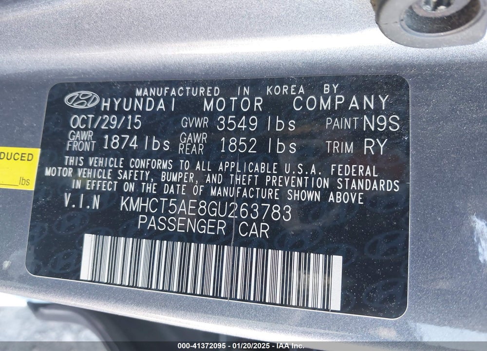 2016 HYUNDAI ACCENT VIN: KMHCT5AE8GU263783
