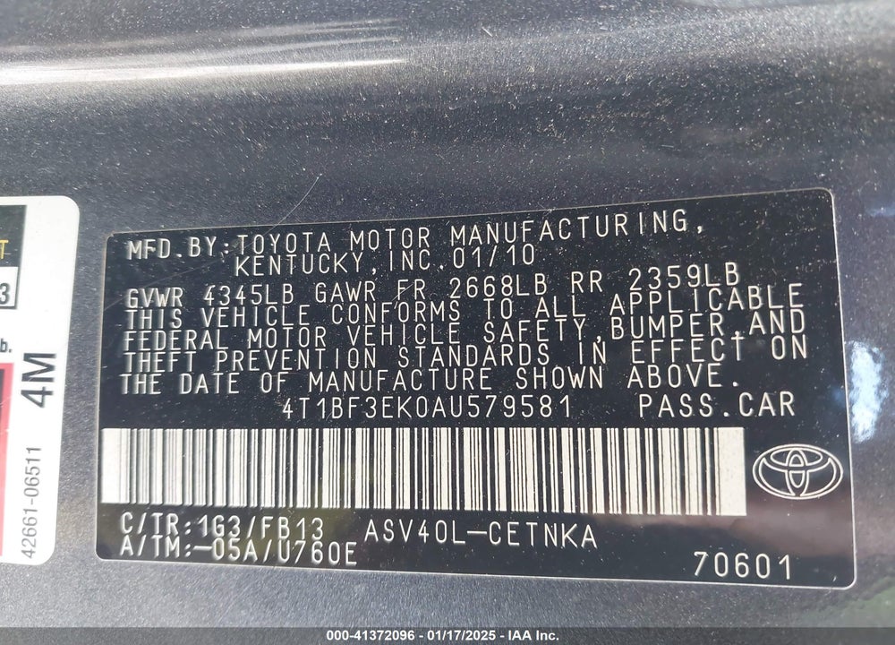 2010 TOYOTA CAMRY LE VIN: 4T1BF3EK0AU579581