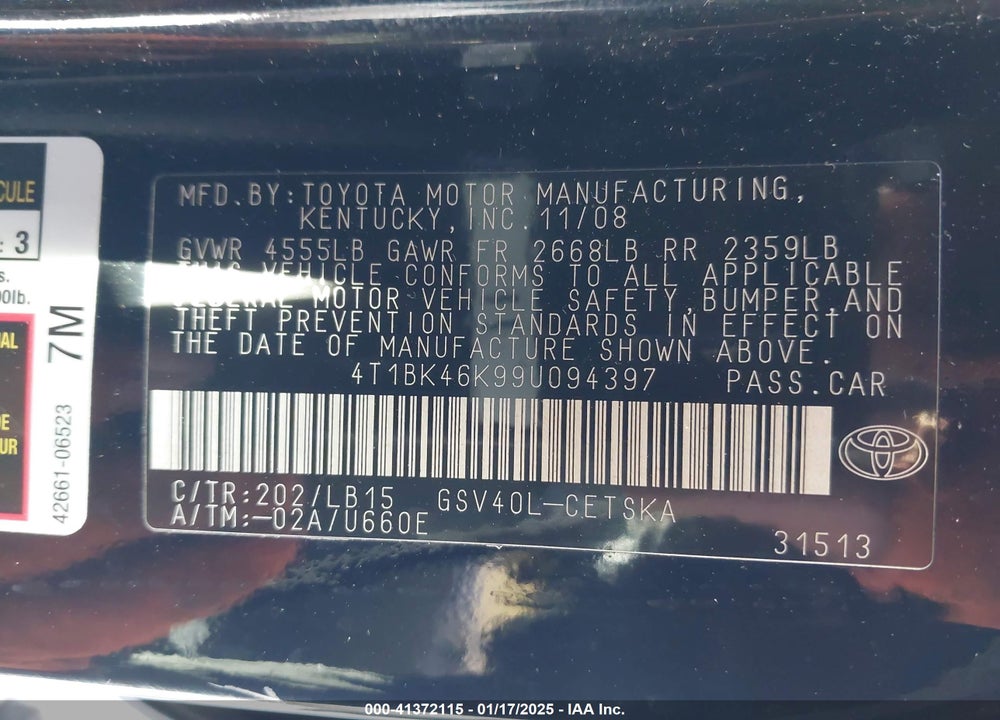 2009 TOYOTA CAMRY SE V6 VIN: 4T1BK46K99U094397