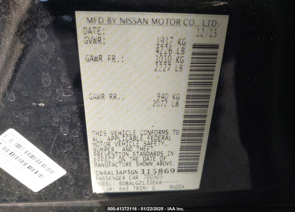 2016 NISSAN ALTIMA VIN: 1N4AL3AP3GN315869