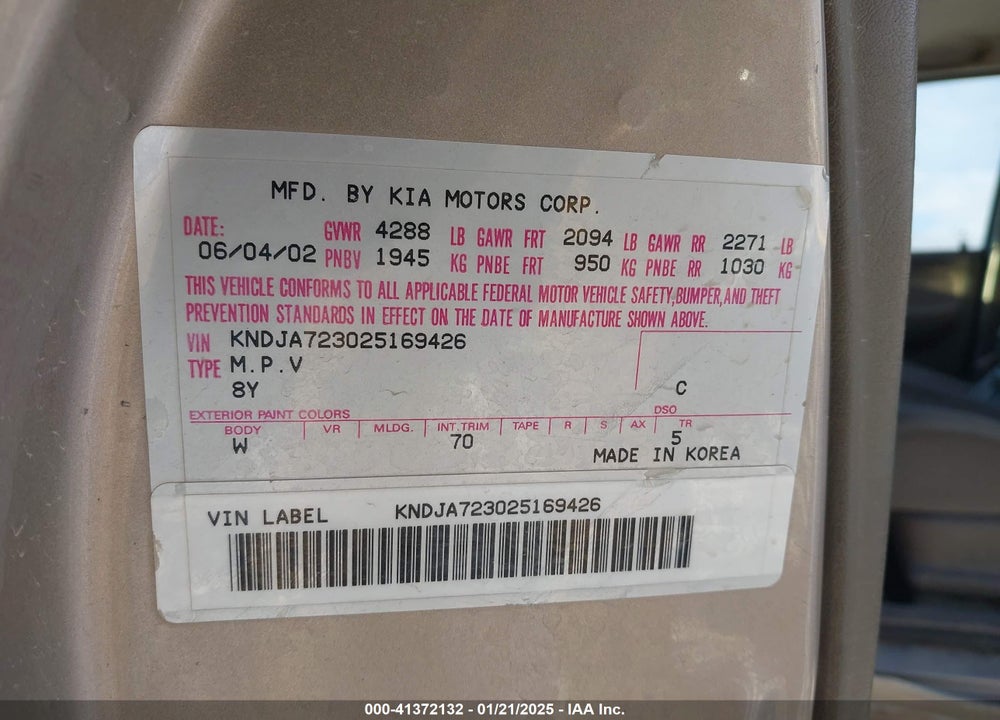 2002 KIA SPORTAGE VIN: KNDJA723025169426