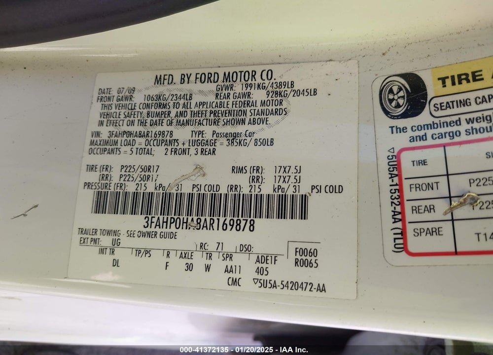 2010 FORD FUSION VIN: 3FAHP0HA8AR169878