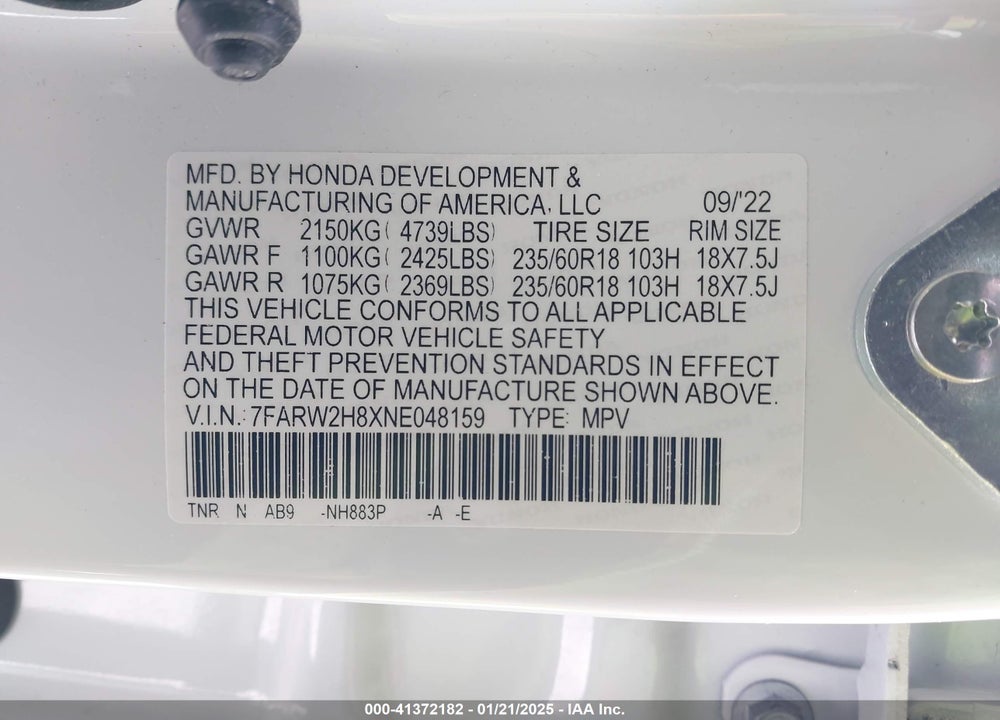 2022 HONDA CR-V AWD EX-L VIN: 7FARW2H8XNE048159