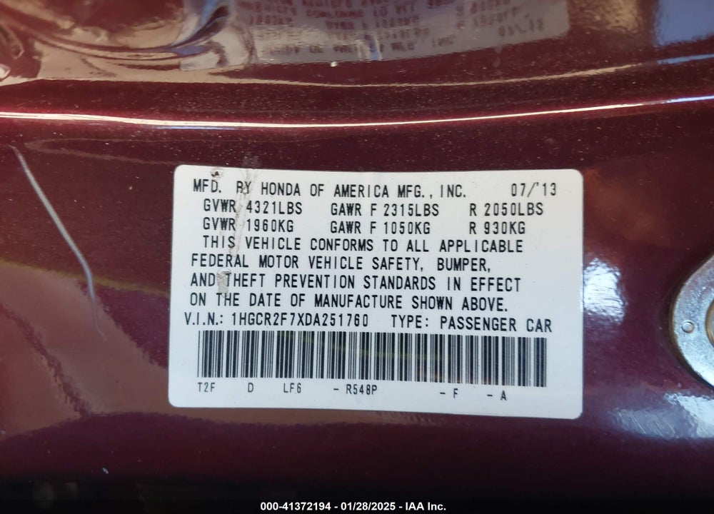 2013 HONDA ACCORD VIN: 1HGCR2F7XDA251760