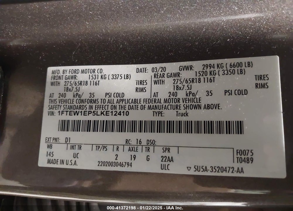 2020 FORD F-150 VIN: 1FTEW1EP5LKE12410