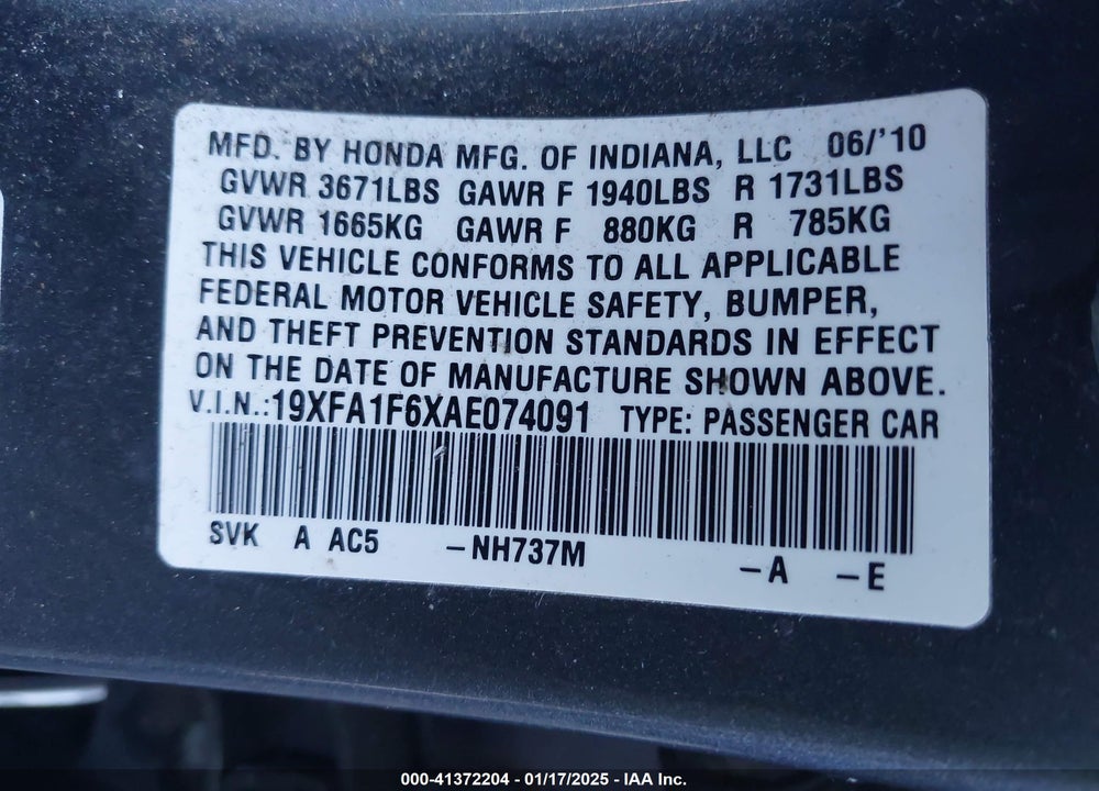 2010 HONDA CIVIC LX-S VIN: 19XFA1F6XAE074091