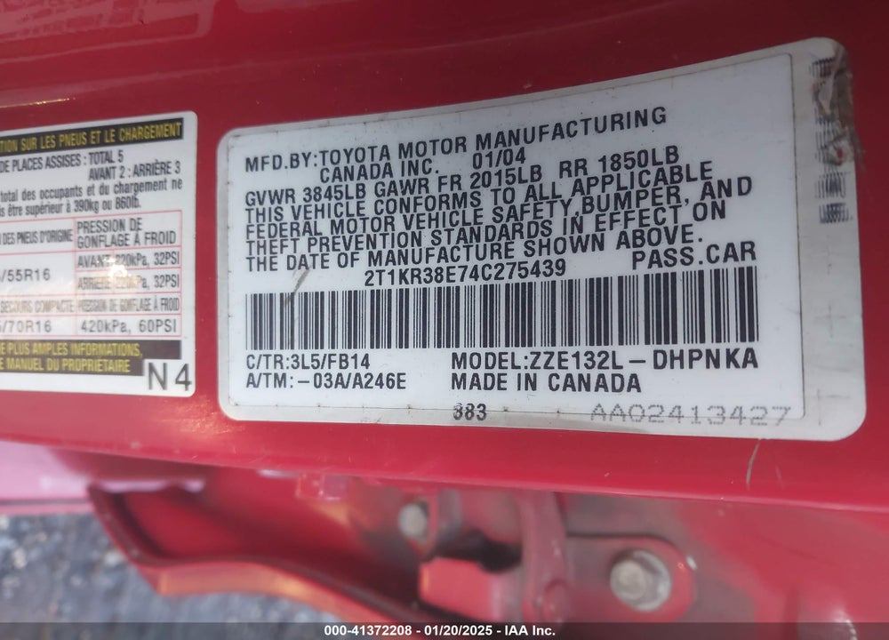 2004 TOYOTA MATRIX/XR VIN: 2T1KR38E74C275439